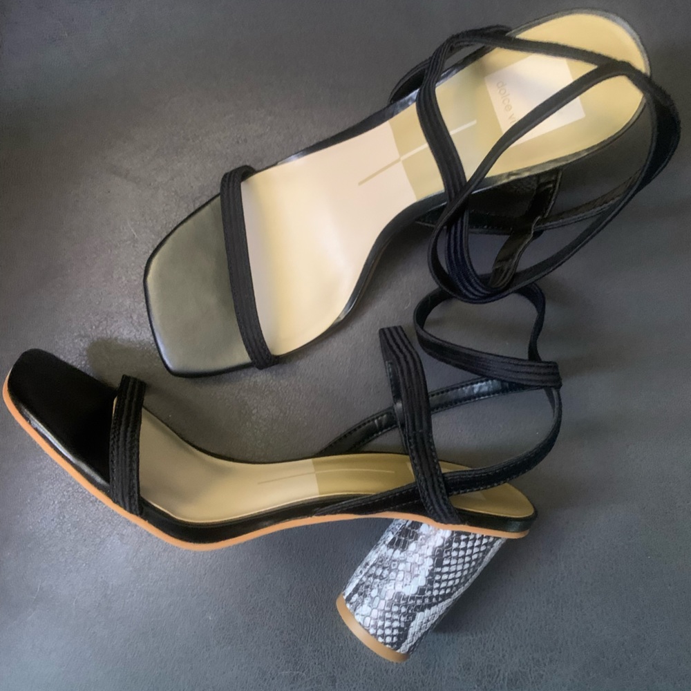 Dolce Vita Black Leather block sandal with snakeskin on heel. Woman’s 7.5.